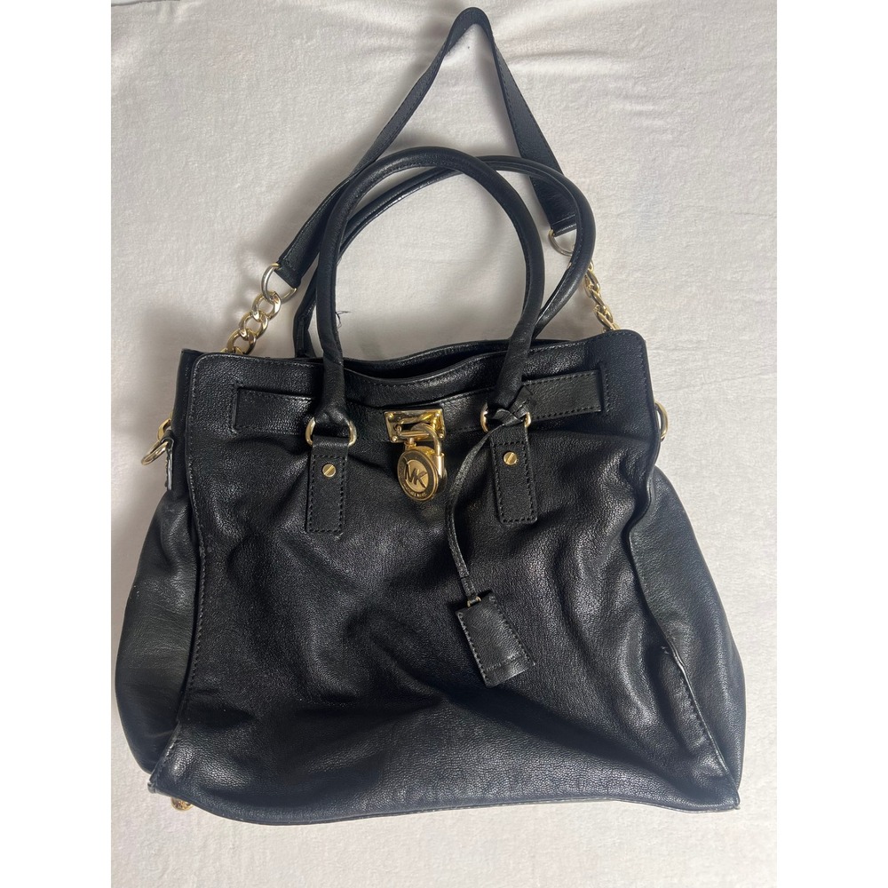 Michael Kors Hamilton Satchel Wm Large‎ Black Leather Gold Hardware Tote Bag